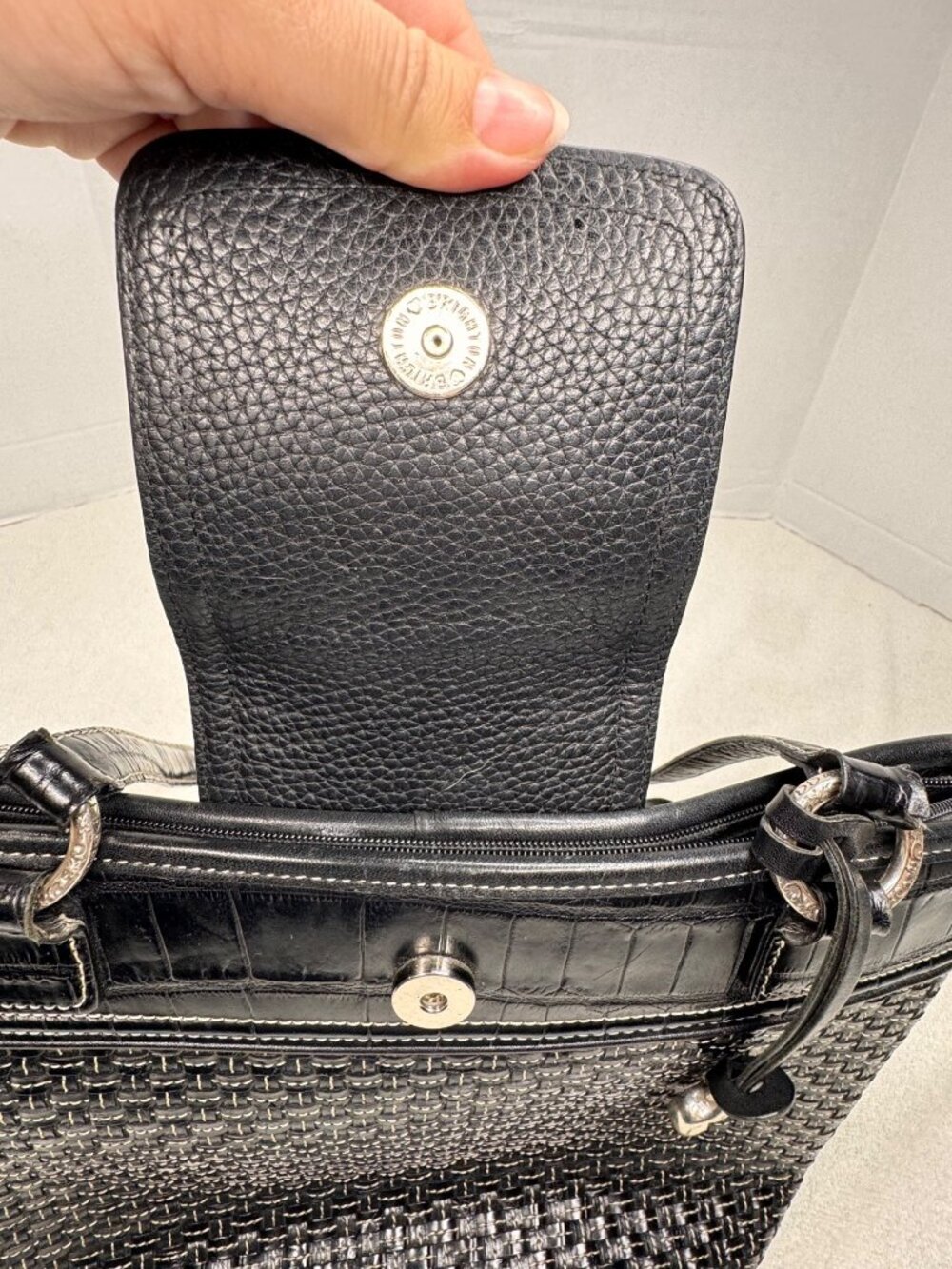 Brighton Black Leather Classic Tote Bag Basket Weave Front Panel Croc Trim - Picture 6 of 15